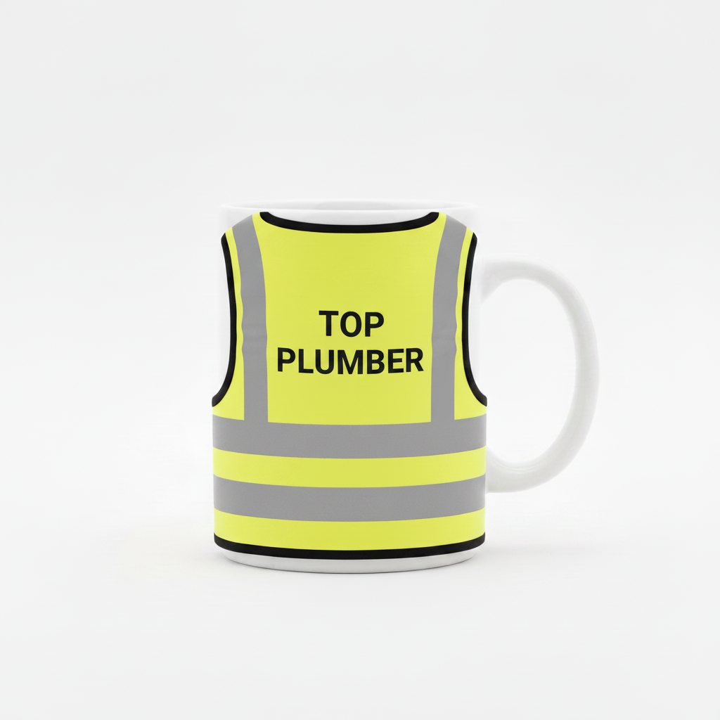 White mug with yellow high-vis vest, Top Plumber on back