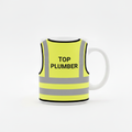 White mug with yellow high-vis vest, Top Plumber on back