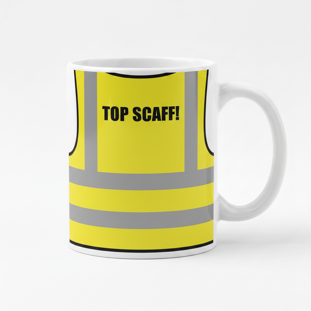 Top Scaff! Mug - yellow high-vis vest