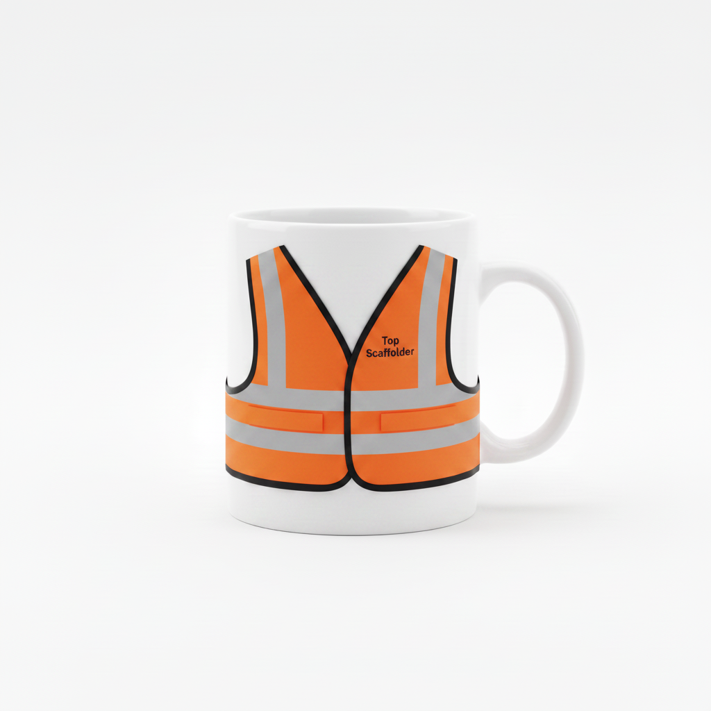 White mug with orange high-vis vest, Top Scaffolder on front chest