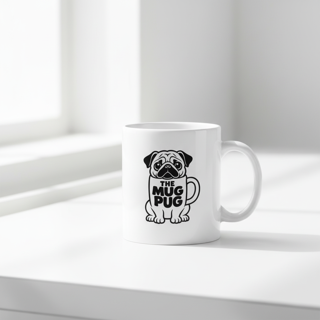 White custom printed mug with Mug Pug logo