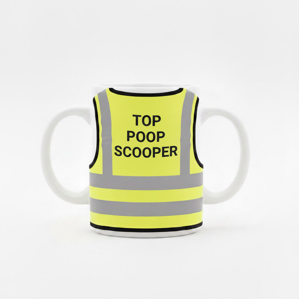 White mug with yellow high-vis vest, Top Poop Scooper on back