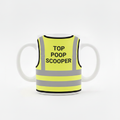 White mug with yellow high-vis vest, Top Poop Scooper on back