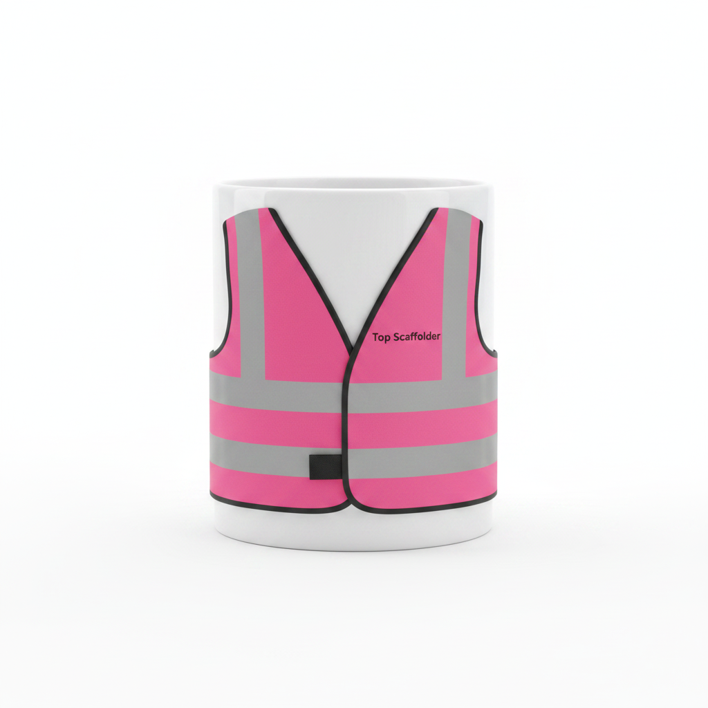 White mug with pink high-vis vest, Top Scaffolder on front chest