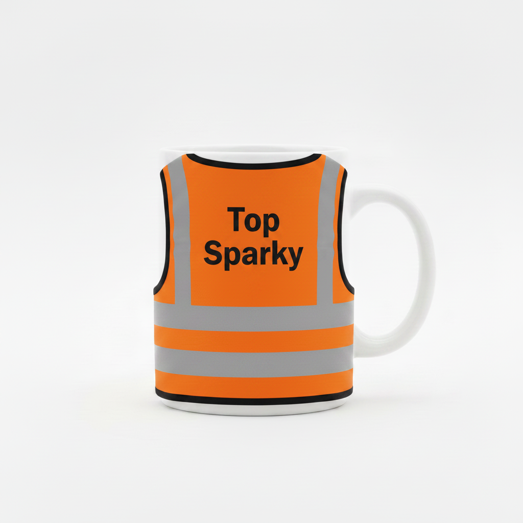 White mug with orange high-vis vest, Top Sparky on back
