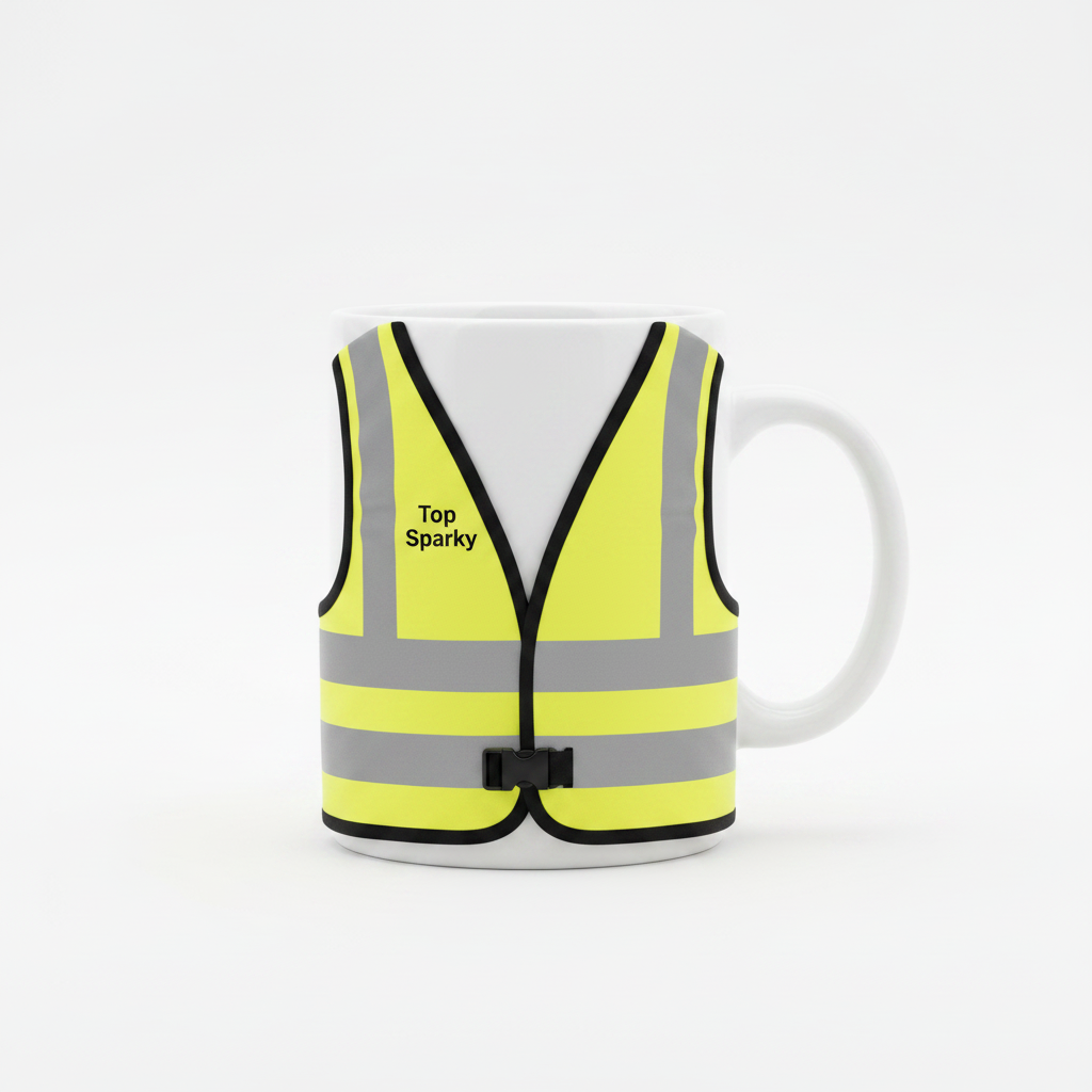 White mug with yellow high-vis vest, Top Sparky on front chest