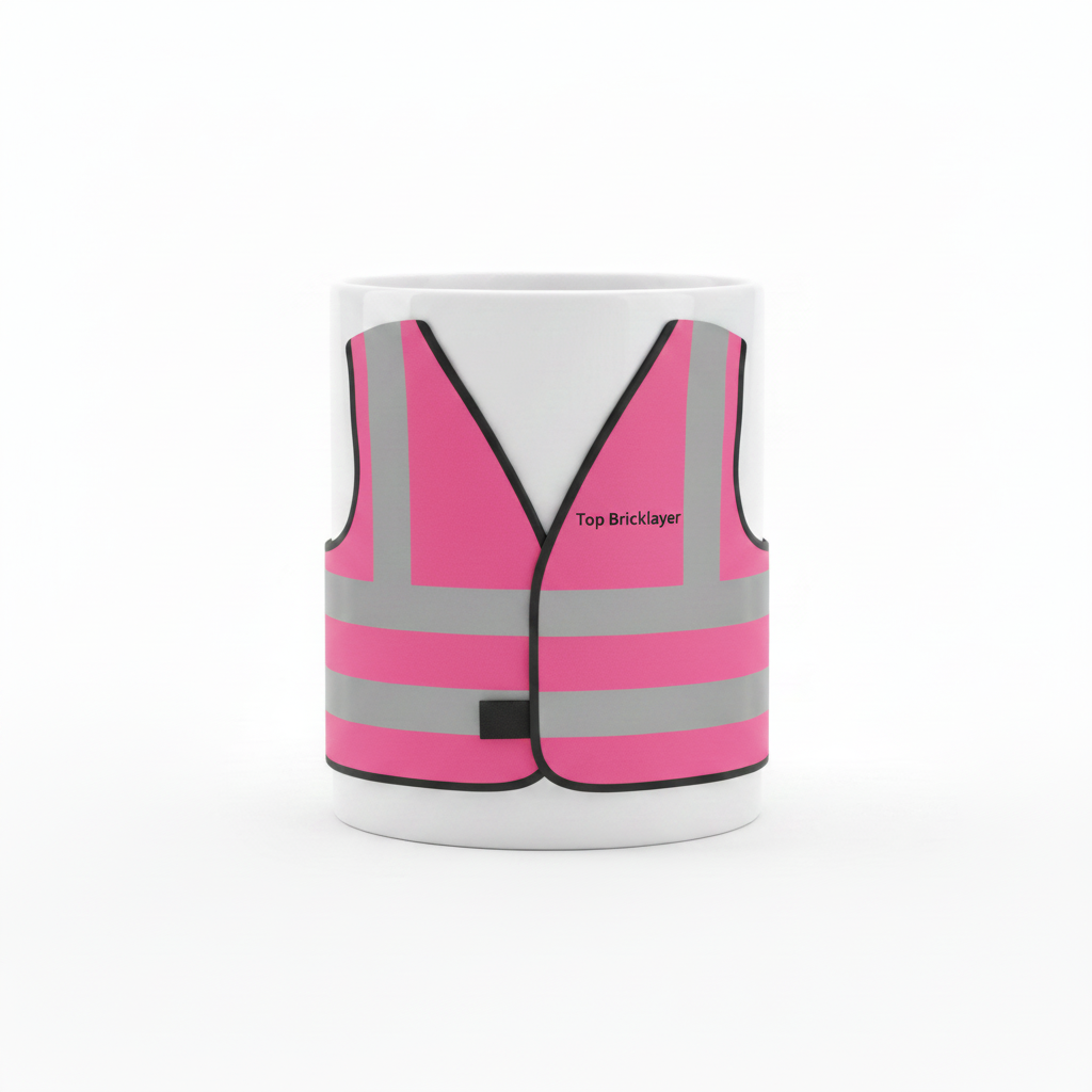 White mug with pink high-vis vest, Top Bricklayer on front chest