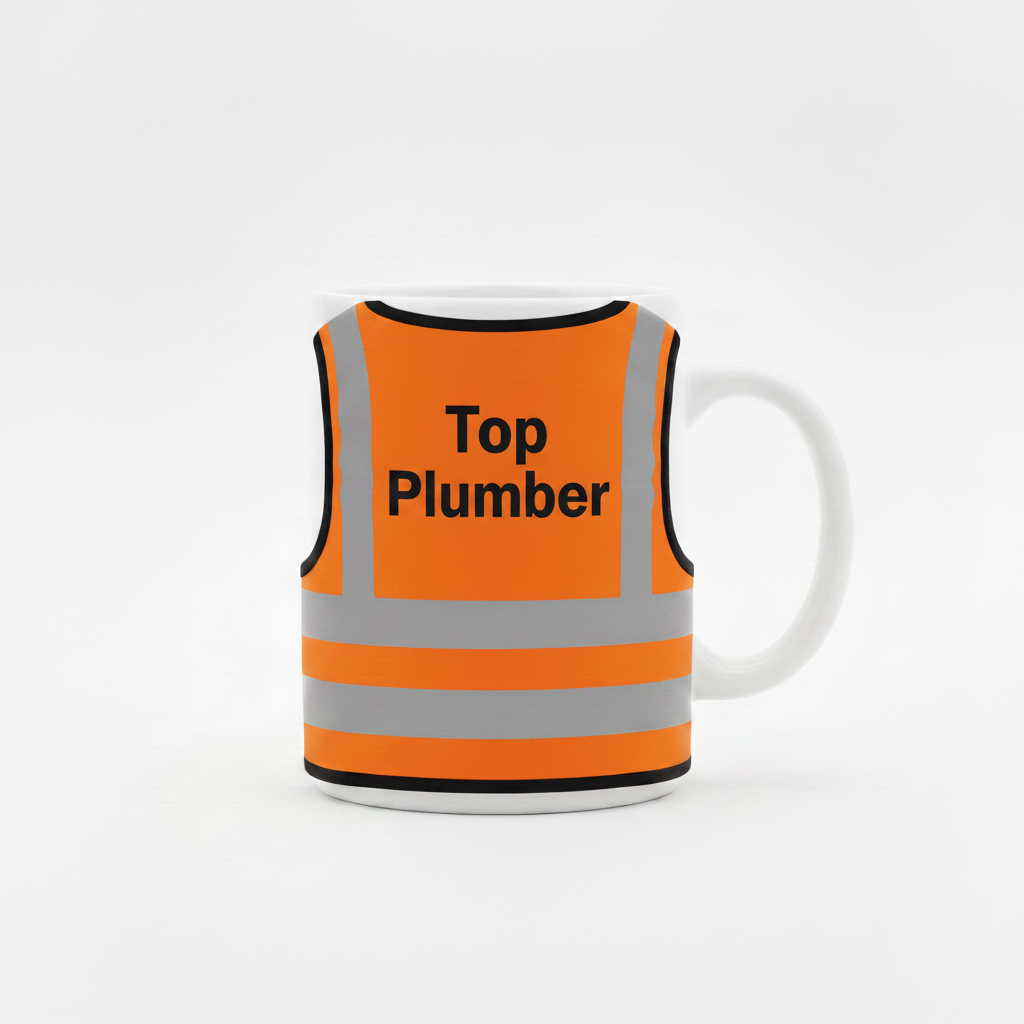 White mug with orange high-vis vest, Top Plumber on back