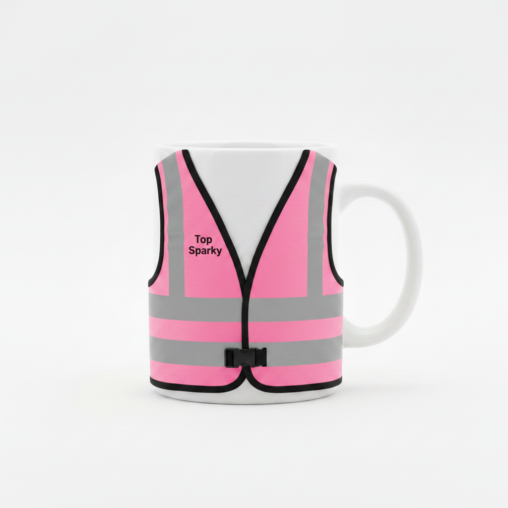 White mug with pink high-vis vest, Top Sparky on front chest