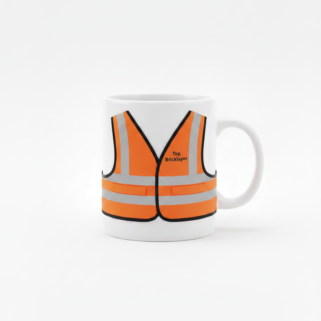 White mug with orange high-vis vest, Top Bricklayer on front chest