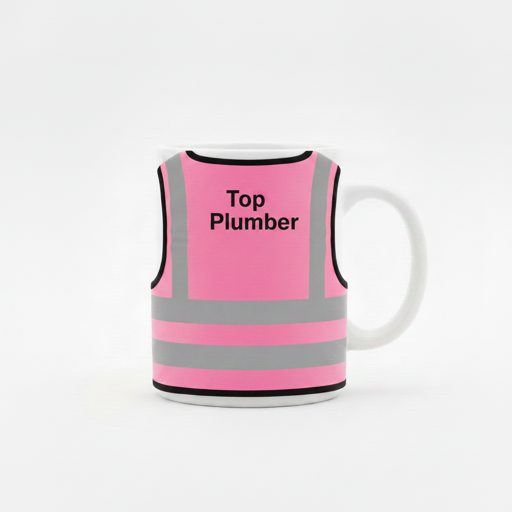 White mug with pink high-vis vest, Top Plumber on back