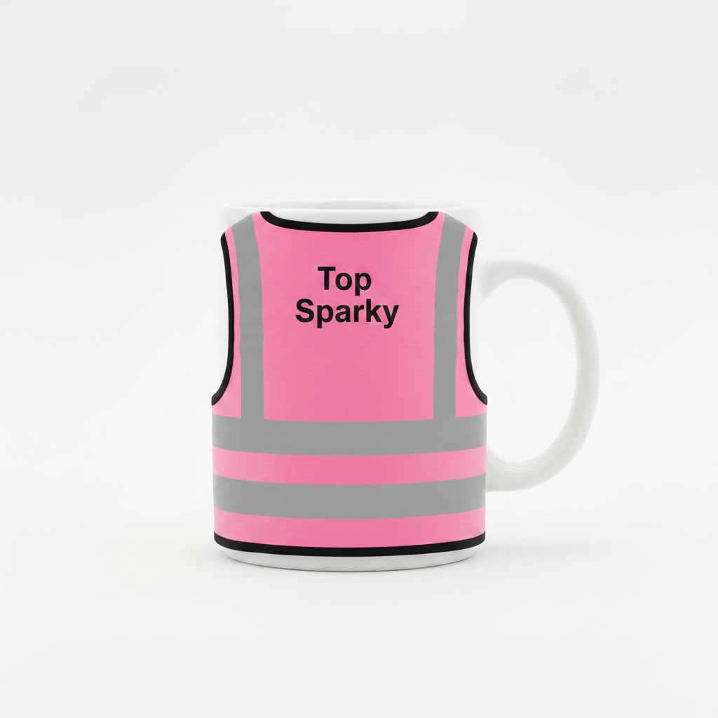 White mug with pink high-vis vest, Top Sparky on back