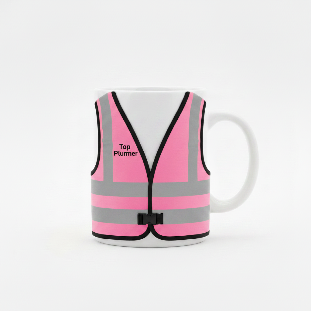 White mug with pink high-vis vest, Top Plumber on front chest