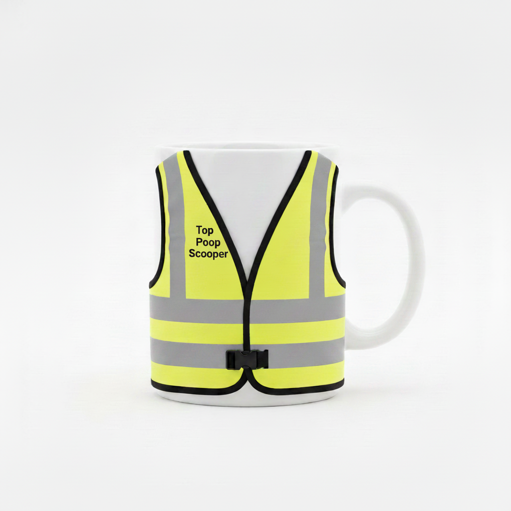 White mug with yellow high-vis vest, Top Poop Scooper on front chest