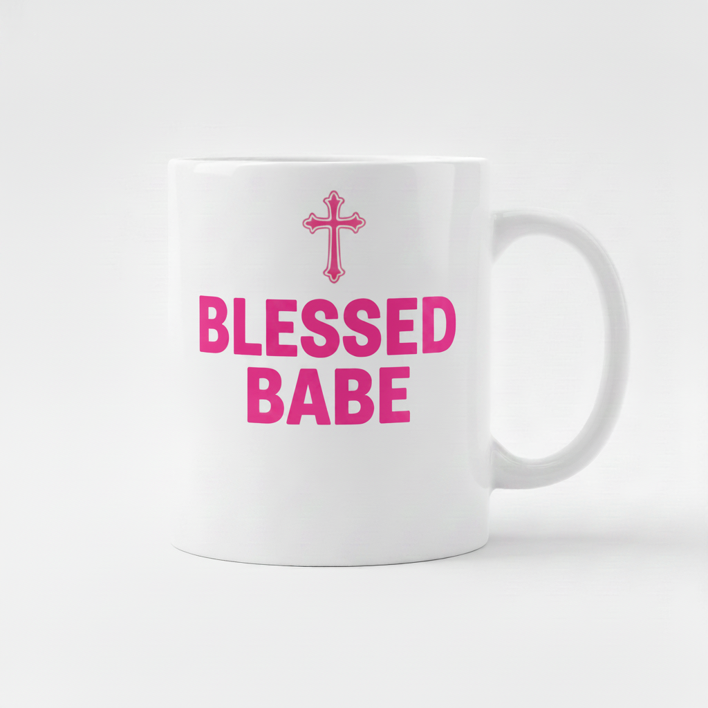 Blessed Babe Mug - pink cross and pink text