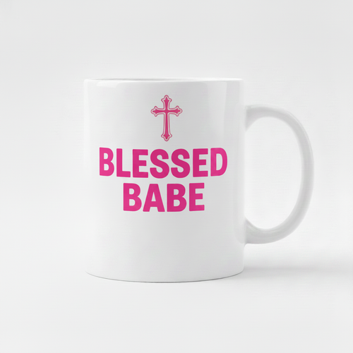 Blessed Babe Mug - pink cross and pink text