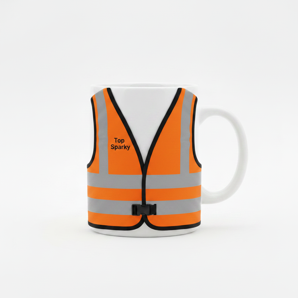 White mug with orange high-vis vest, Top Sparky on front chest