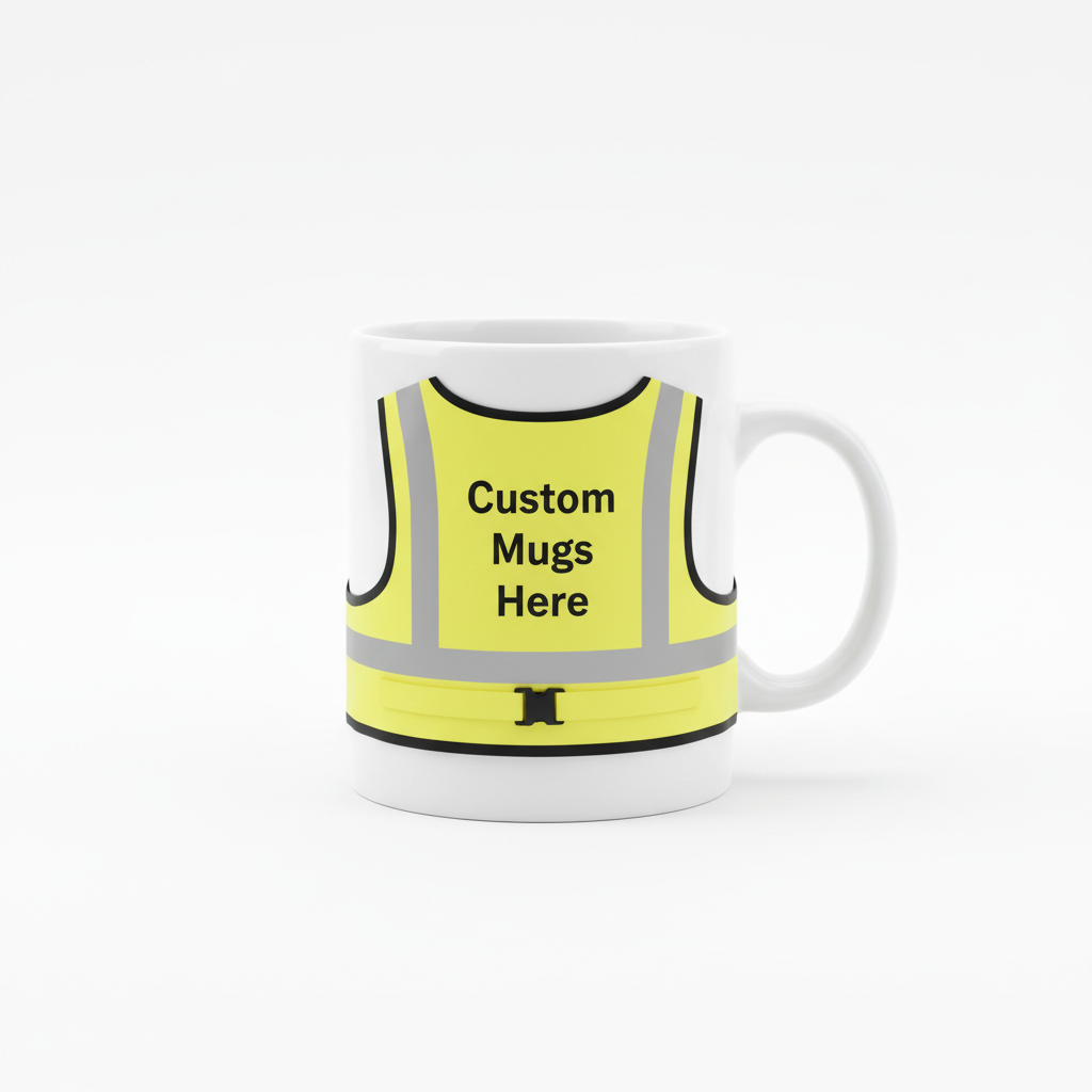 White mug wearing a yellow high-vis safety vest with Custom Mugs Here on the back