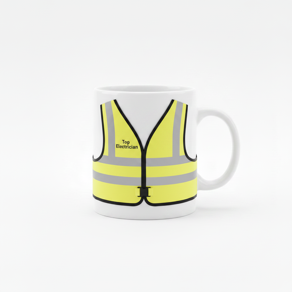 White mug with yellow high-vis vest, Top Electrician on front chest