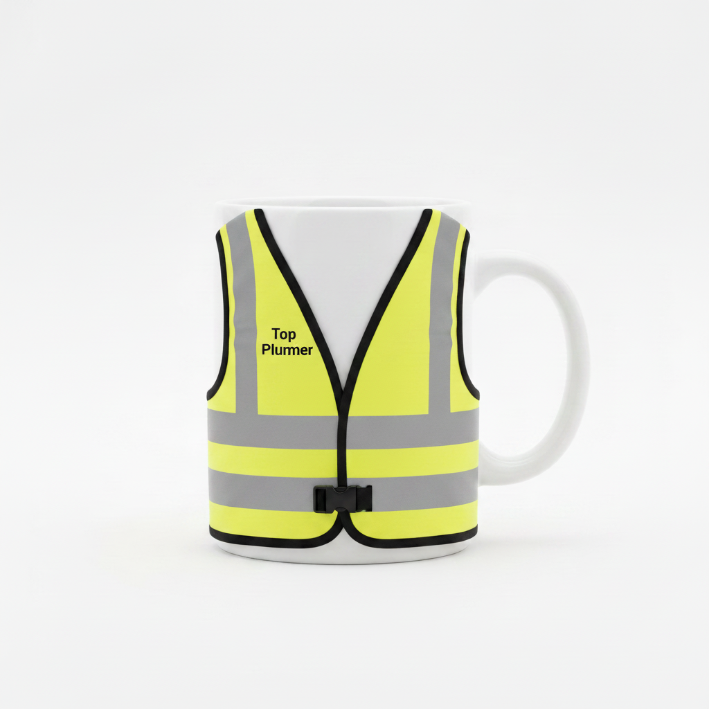 White mug with yellow high-vis vest, Top Plumber on front chest