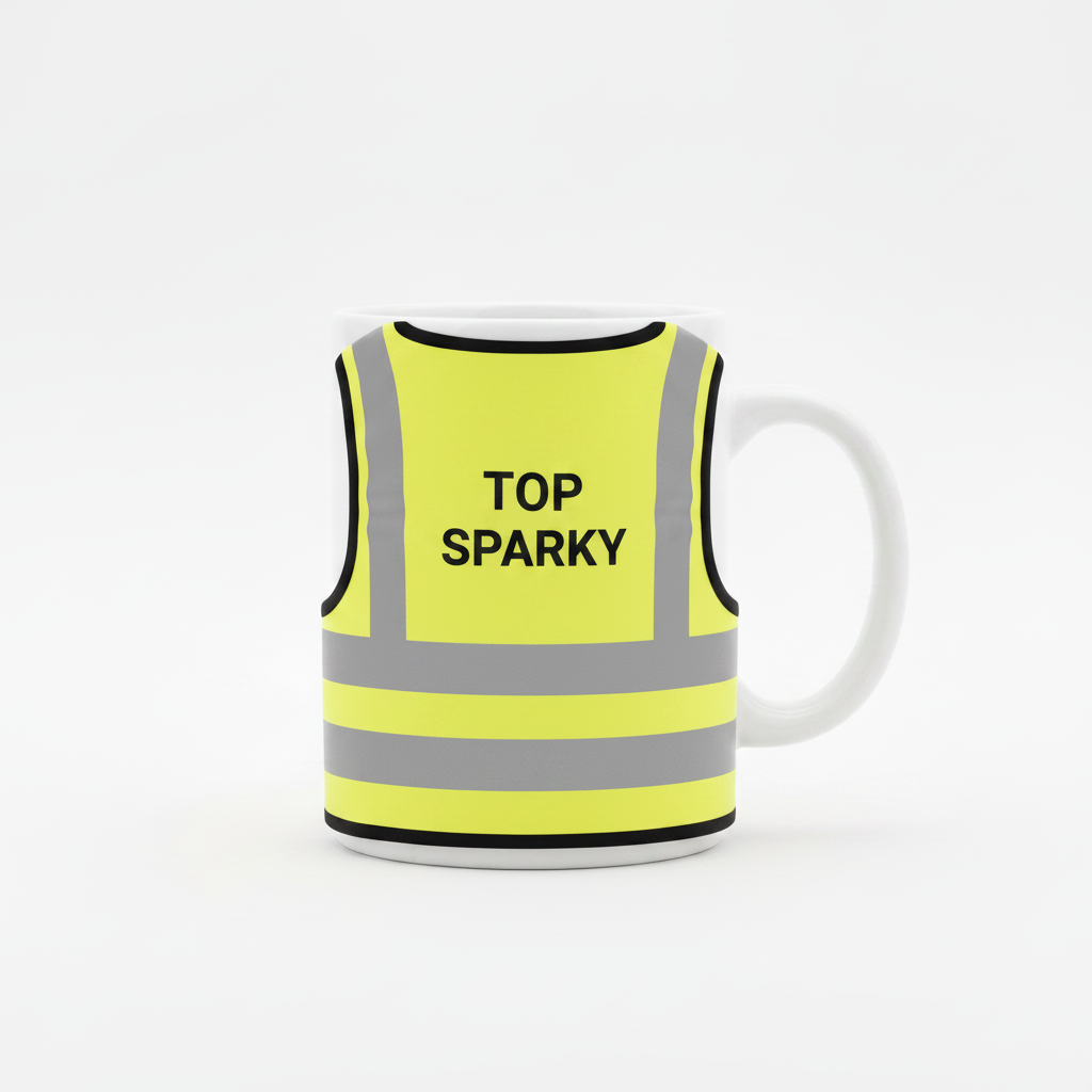 White mug with yellow high-vis vest, Top Sparky on back