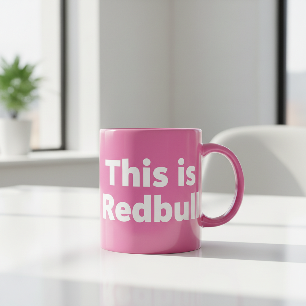 Bright pink custom mug with This is Redbull text