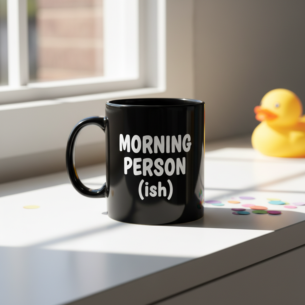 Black custom printed mug with bold white text